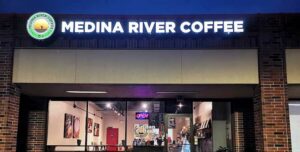 Storefront of Medina River Coffee in San Antonio.
