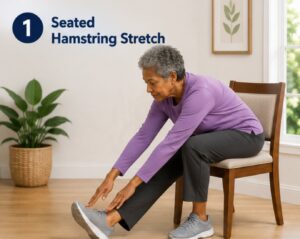 A senior female is doing a seated hamstring stretch.