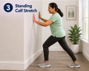 A senior female is doing a standing calf stretch.