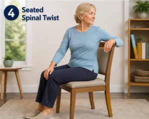 Senior female doing a seated spinal twist.