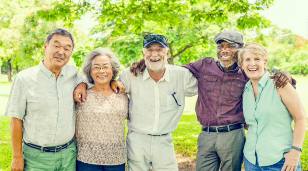 A group of seniors in an outdoor setting smiling.
