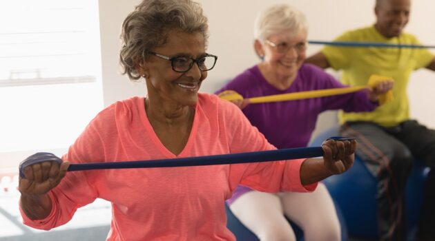 A group of seniors (three) sitting on gymnastic balls with resistant bands.