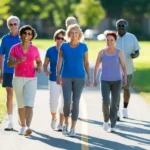 A group of seniors walking in the park.
